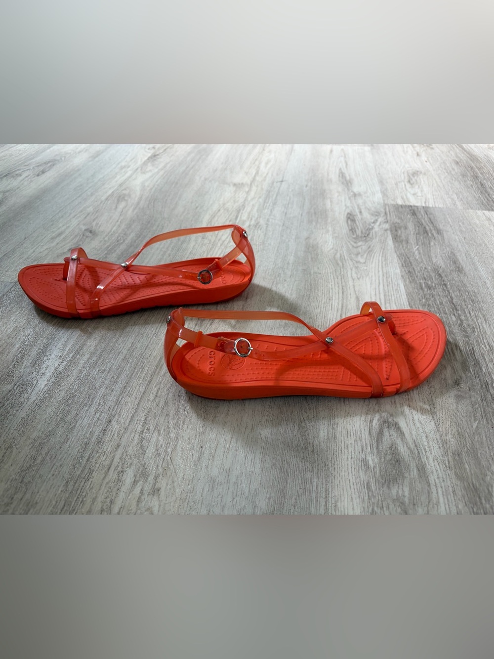 CROCS women’s 7 Bright Orange Jelly Strappy Minimalist thong Sandals - Picture 3 of 6